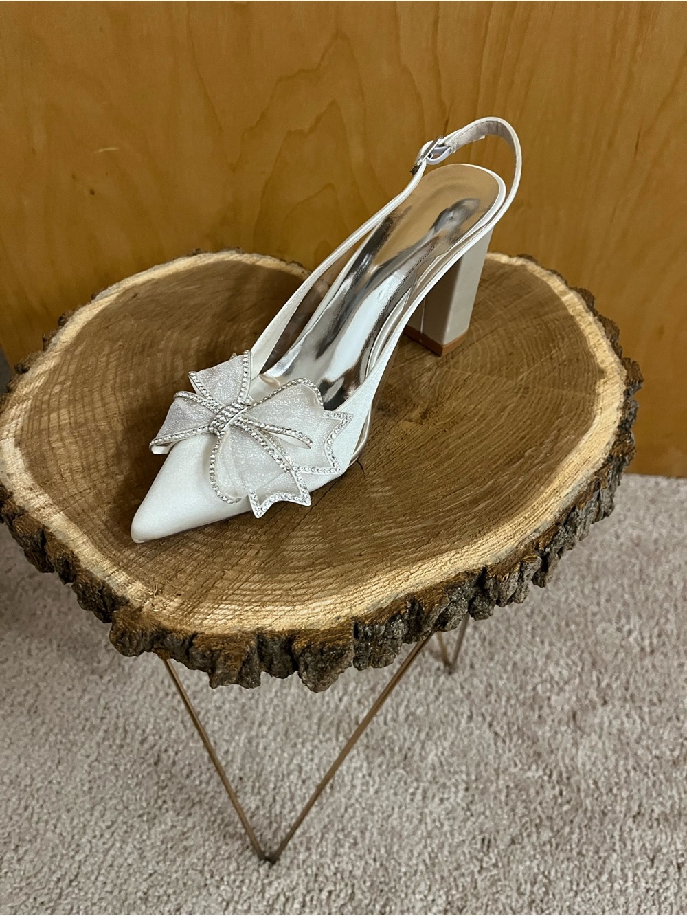 Ivory Satin Pointed Slingback Heels with Bow Accent